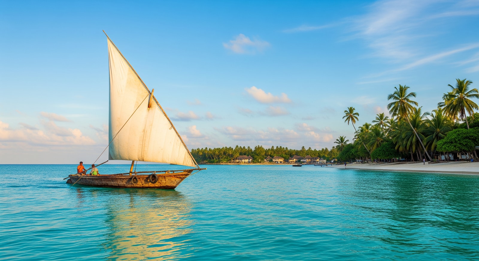 Traditional wooden dhow boat sailing on turquoise waters near the white sand beaches of Zanzibar