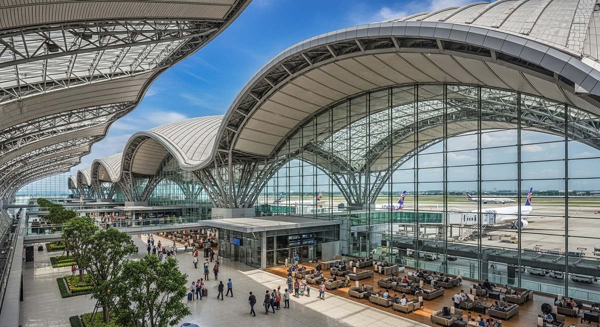 Modern Suvarnabhumi International Airport terminal with distinctive architectural roof design