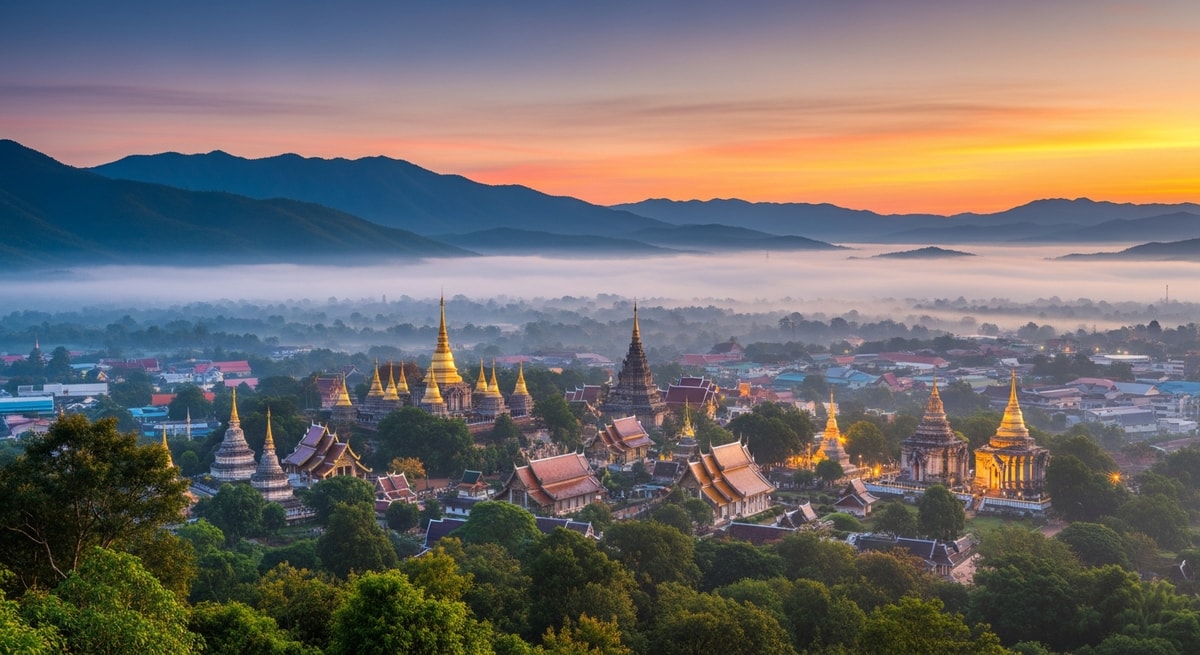 Ancient temples and pagodas of Chiang Mai surrounded by misty mountains at dawn