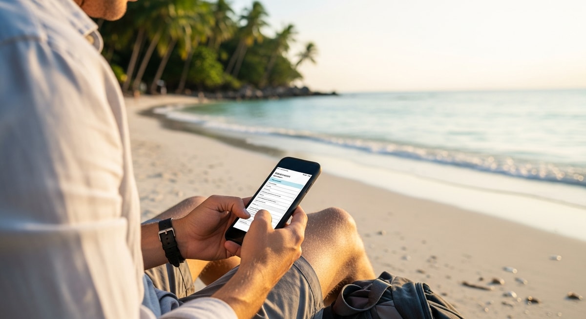 Traveler relaxing on Thai beach while completing visa application on smartphone