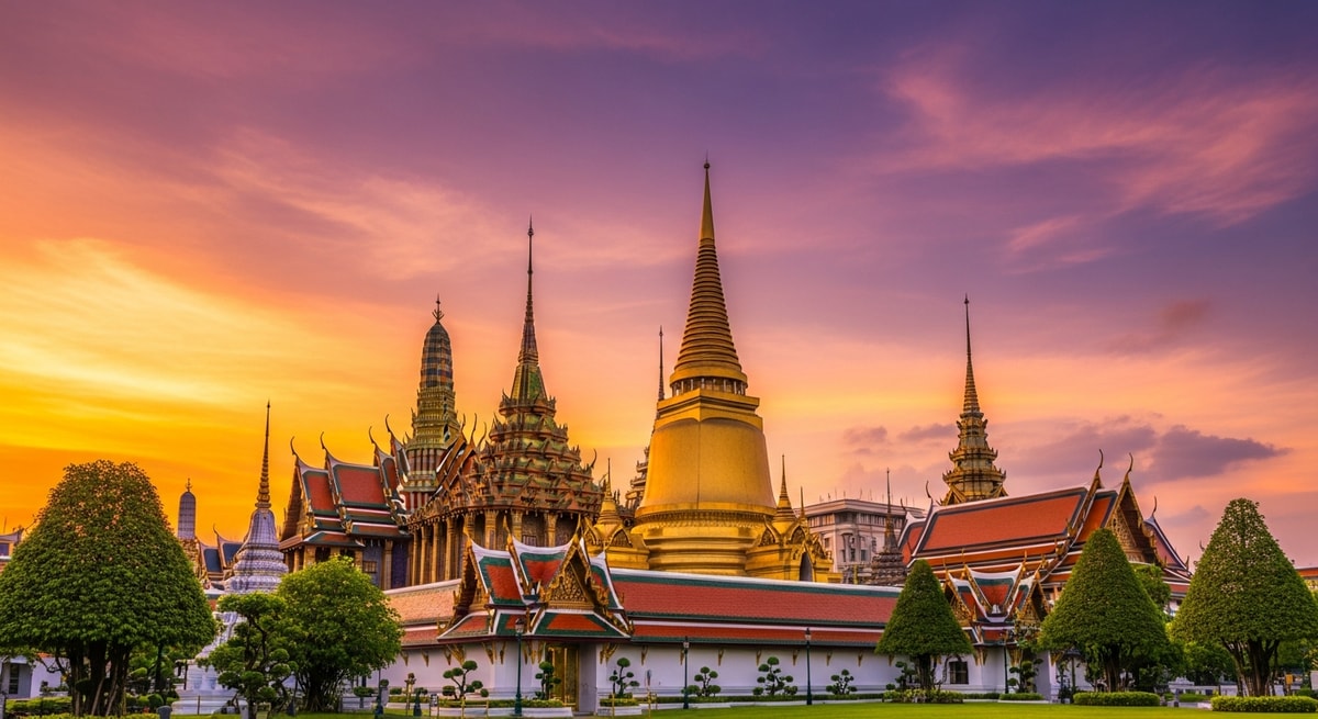 Golden spires of Wat Phra Kaew temple complex in Bangkok's Grand Palace at sunset