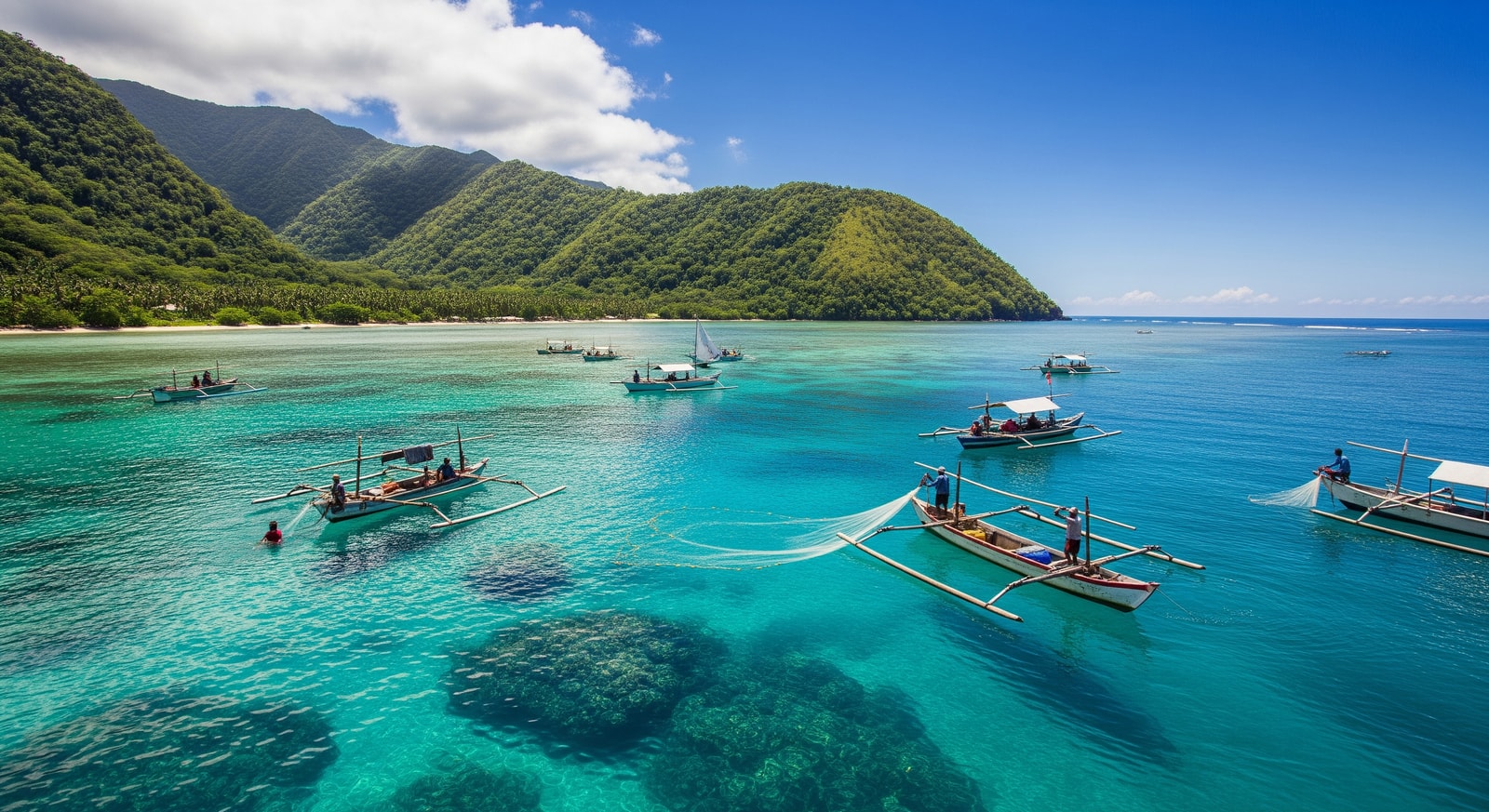 Crystal clear turquoise waters around Atauro Island with traditional fishing boats and lush green hills