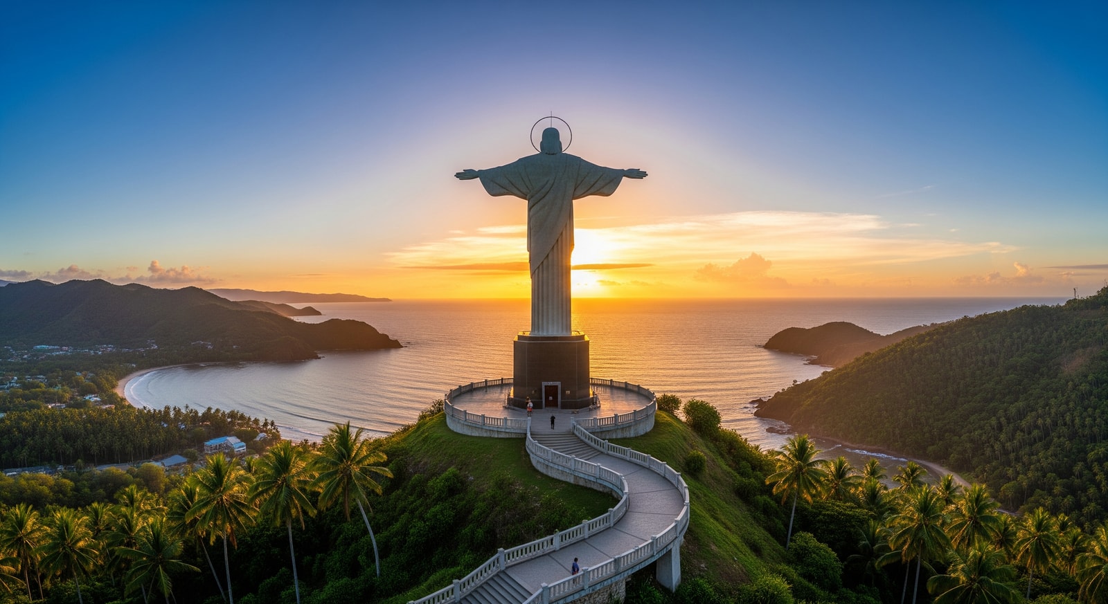 The majestic Cristo Rei statue of Dili standing 27 meters tall overlooking the bay with panoramic ocean views