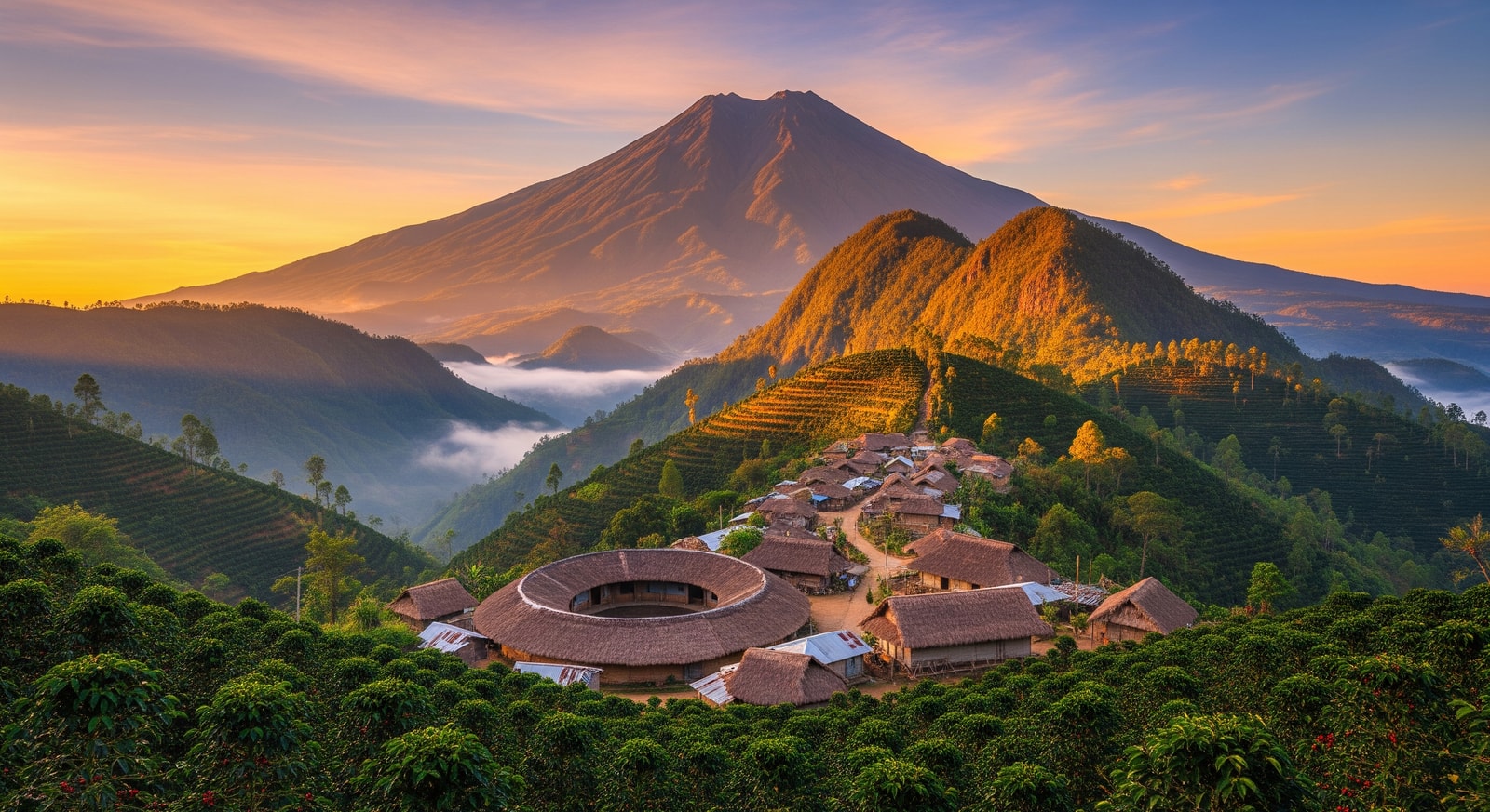 Dramatic mountain landscape of Mount Ramelau with traditional Timorese village and coffee plantations
