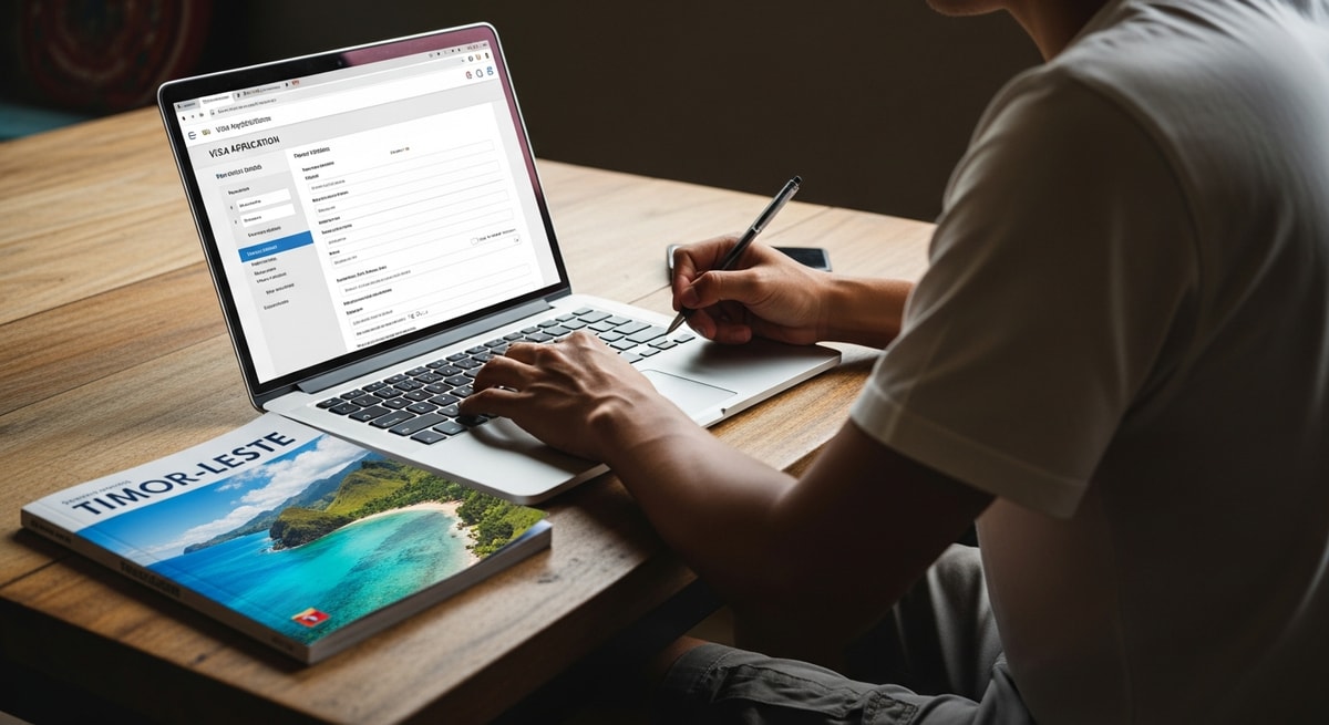 Traveler completing visa application on laptop with Timor-Leste travel guide nearby