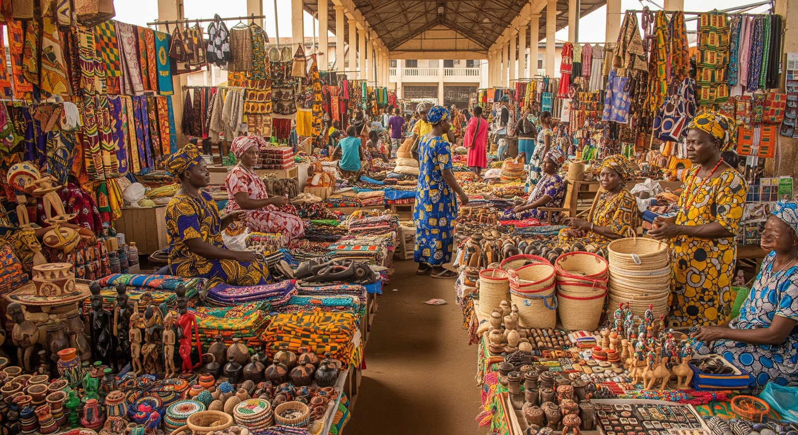 Colorful Grand Marche in Lome with vendors selling traditional textiles and local crafts