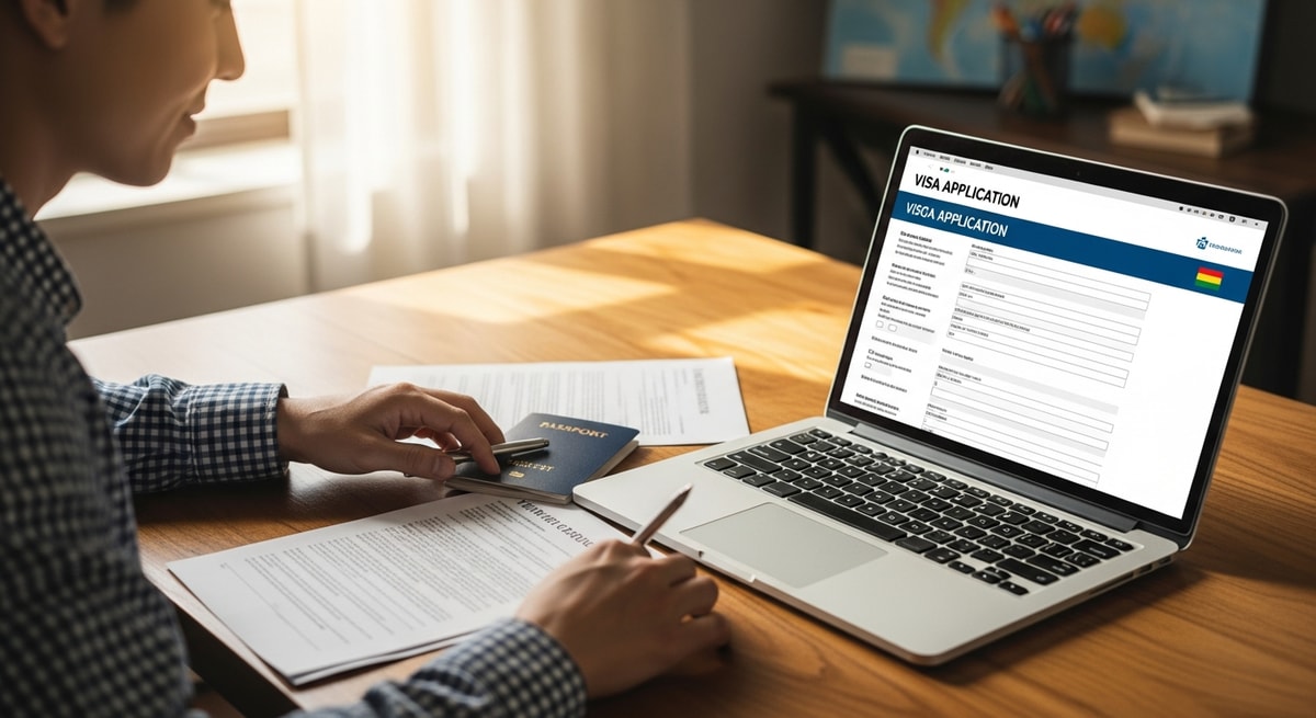 Traveler preparing Togo visa application documents with laptop and passport on desk