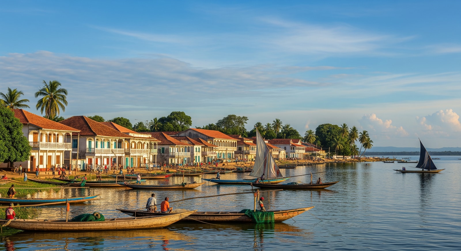 Historic lakeside town of Togoville with colonial architecture and fishing boats on Lake Togo