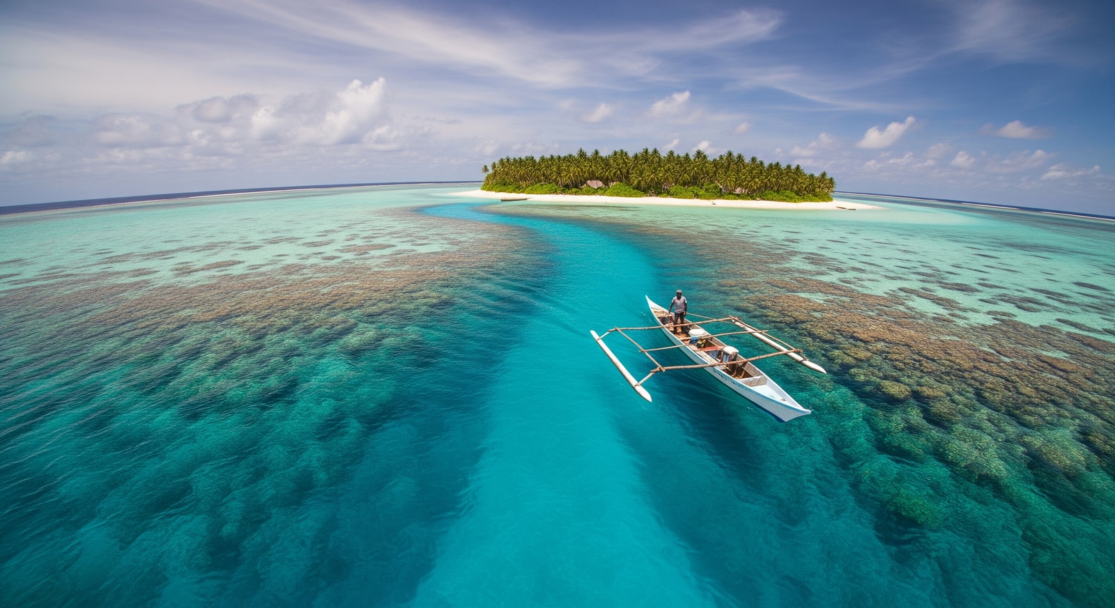 Small boat navigating through turquoise reef passage to reach Atafu Atoll in Tokelau