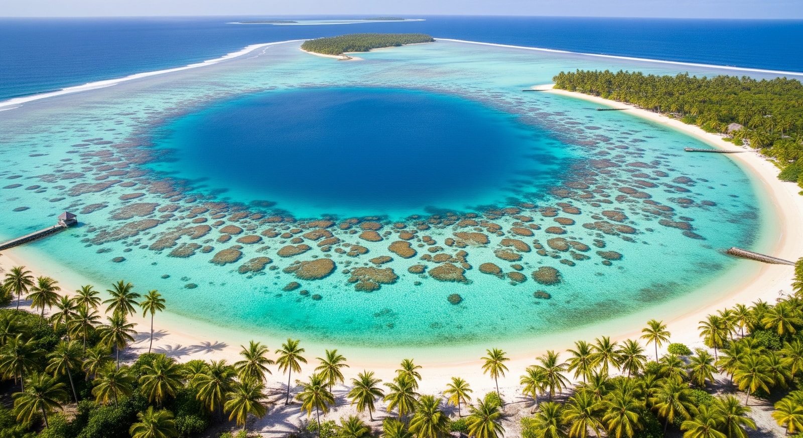 Crystal clear turquoise lagoon surrounded by coral reef and palm trees on Nukunonu Atoll, Tokelau