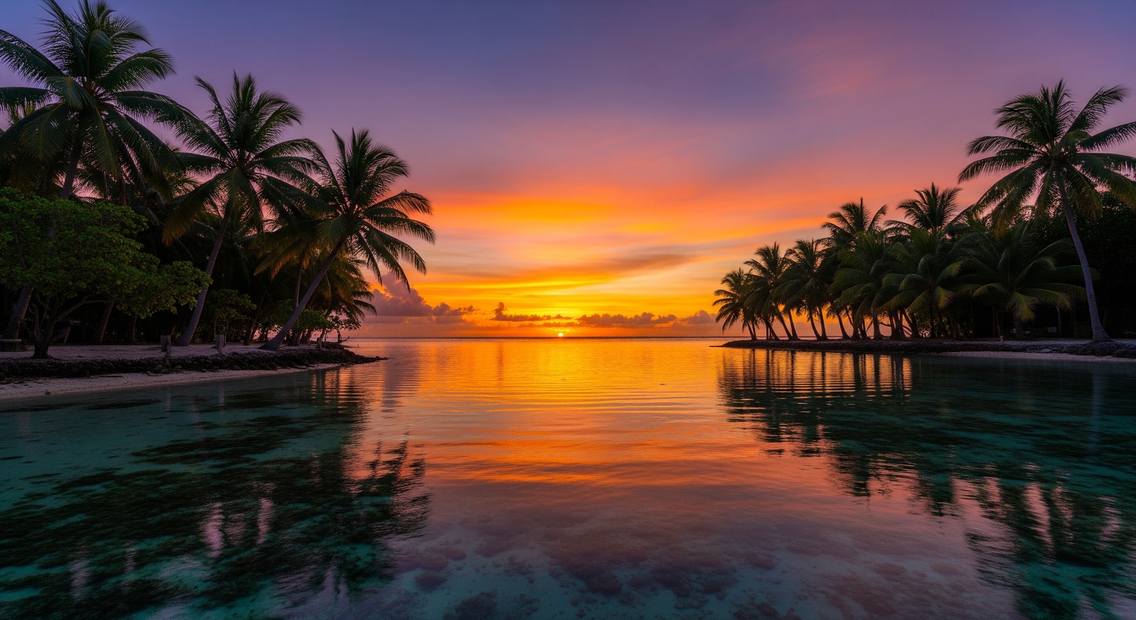 Spectacular Pacific sunset over palm trees and calm lagoon waters in Tokelau