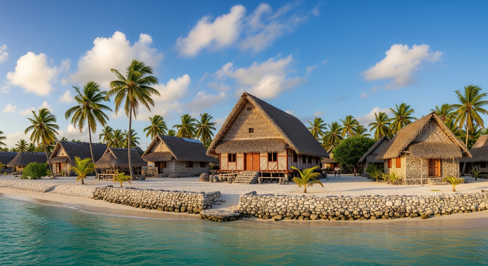 Traditional Tokelauan village with coral stone buildings and community meeting house on Fakaofo Atoll