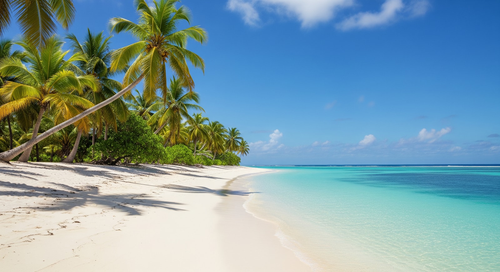 White sandy beach on Vava'u island group in Tonga with crystal clear turquoise waters and palm trees