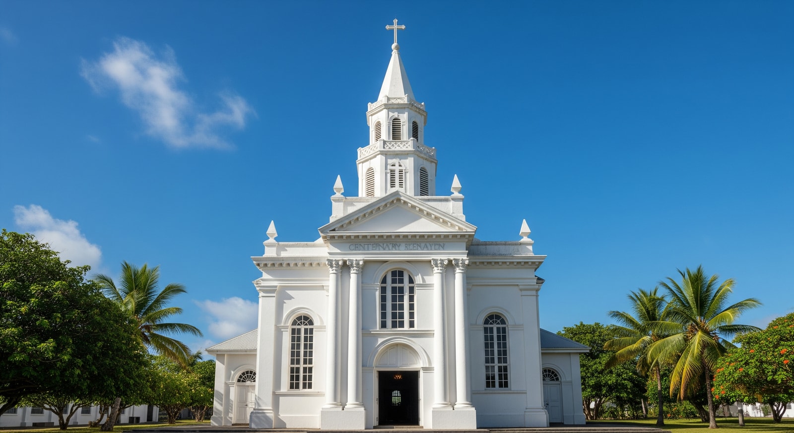 Historic Centenary Chapel in Nuku'alofa with white colonial architecture against blue sky