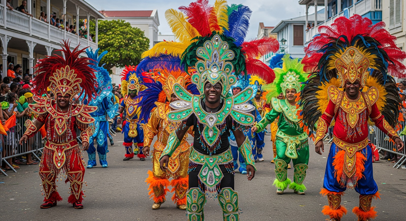 Colorful masqueraders in elaborate costumes during Trinidad Carnival parade in Port of Spain