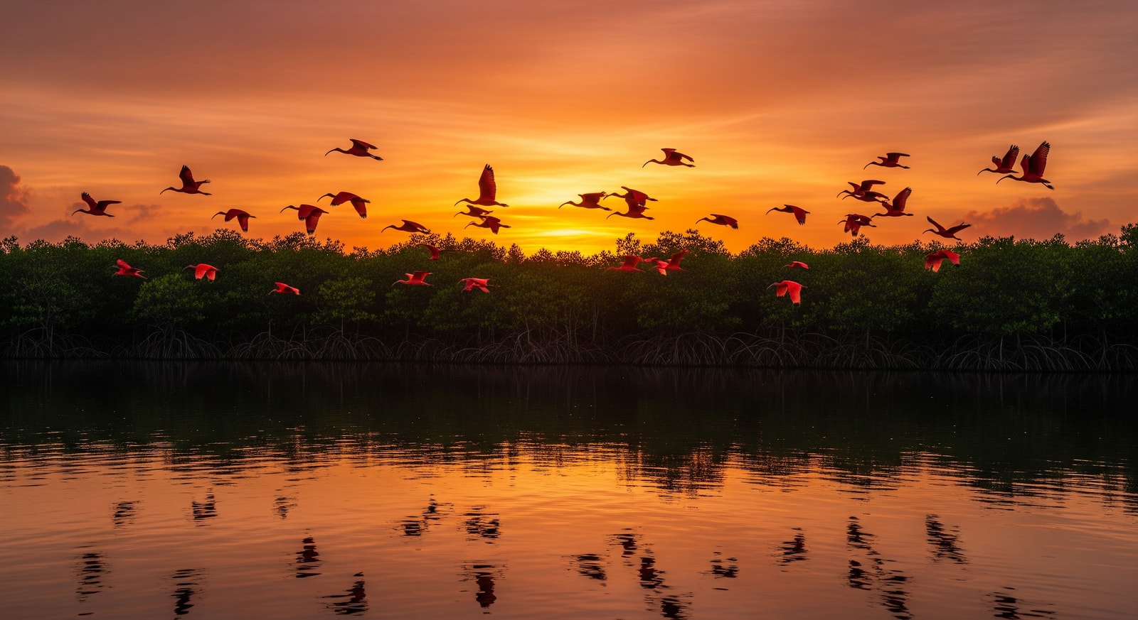 Scarlet ibis birds flying over Caroni Swamp mangroves at sunset in Trinidad
