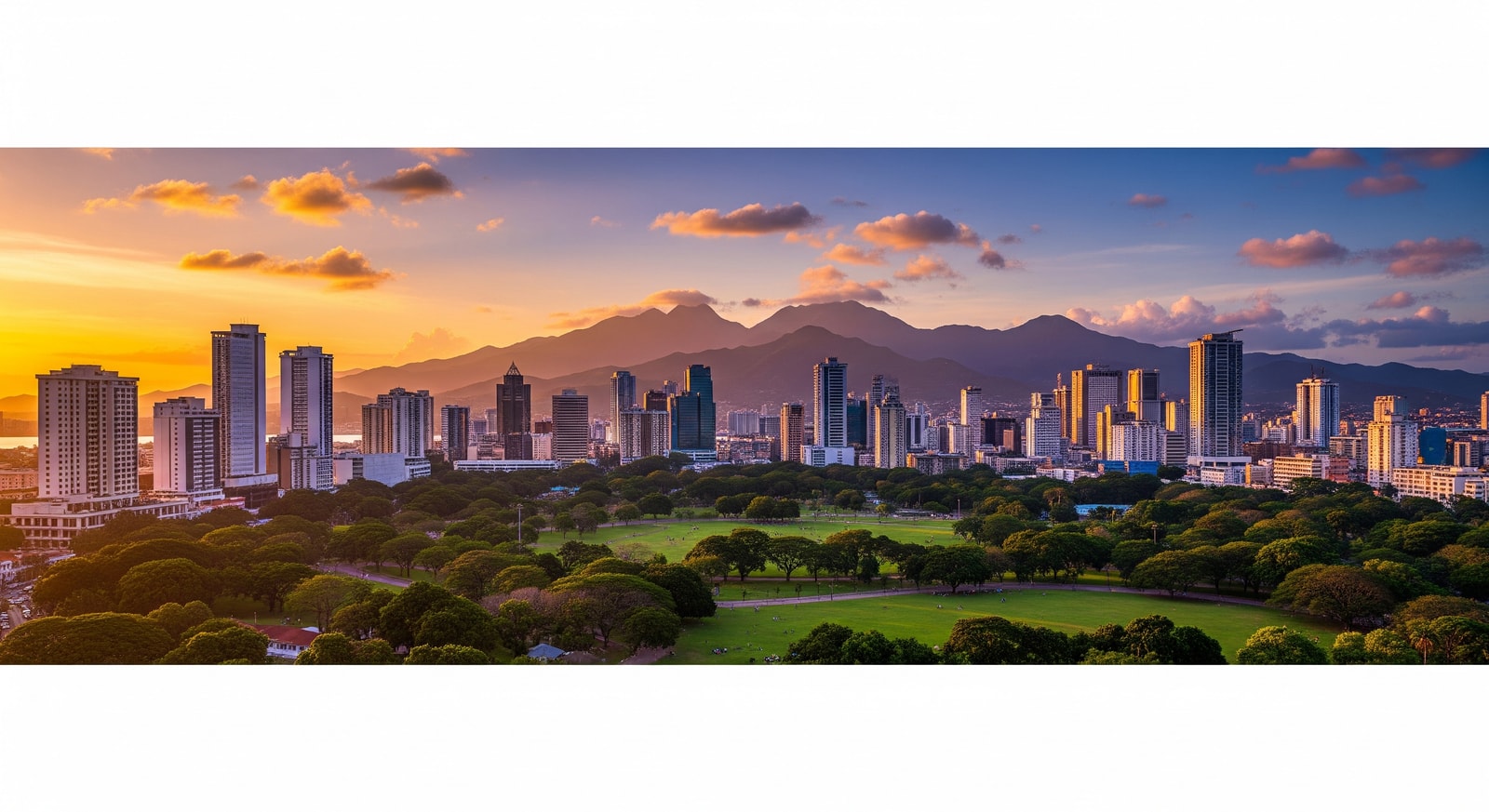 Port of Spain skyline with Queen's Park Savannah and the Northern Range mountains in Trinidad