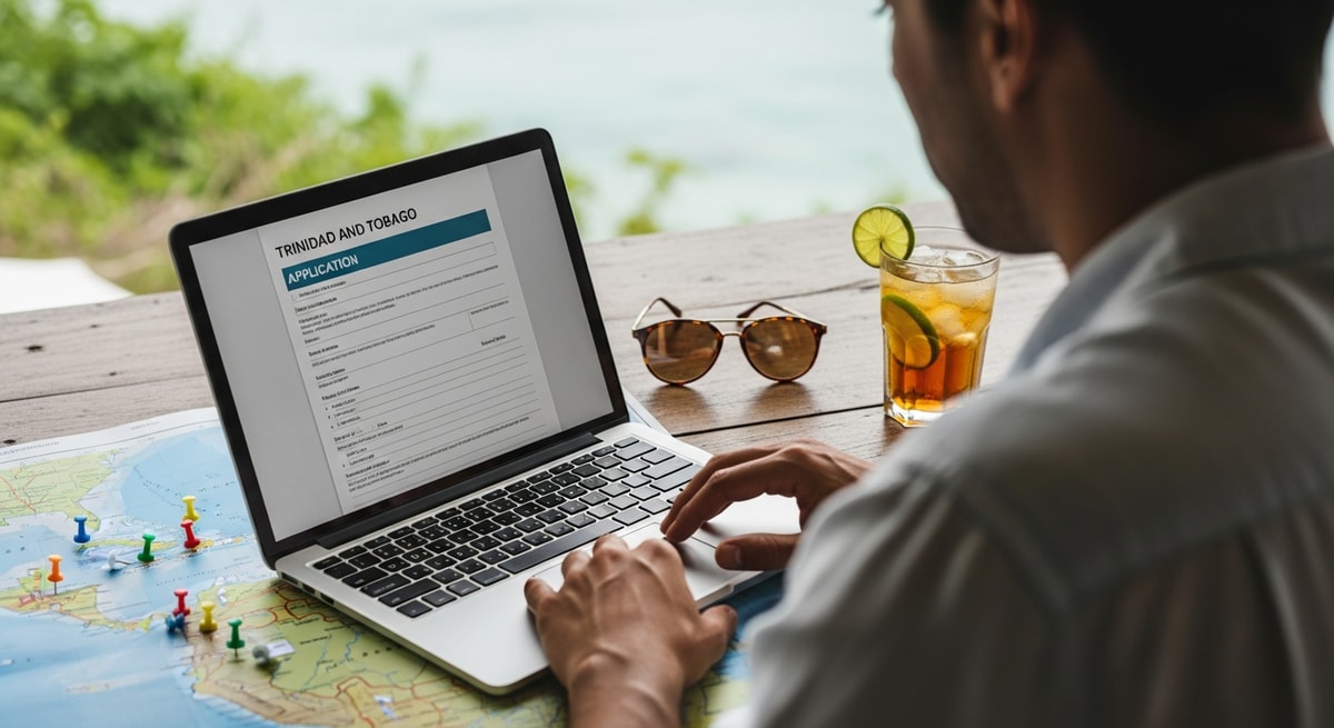 Traveler completing Trinidad and Tobago visa application on laptop while planning Caribbean trip