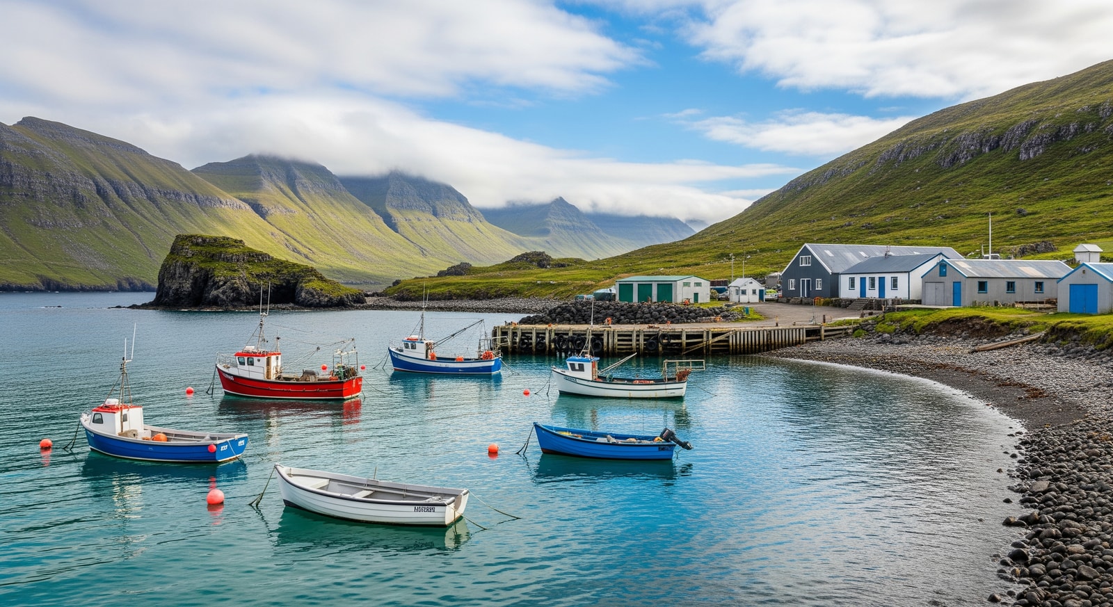Small boats and the harbor area at Calshot Harbour on Tristan da Cunha with fishing vessels moored offshore