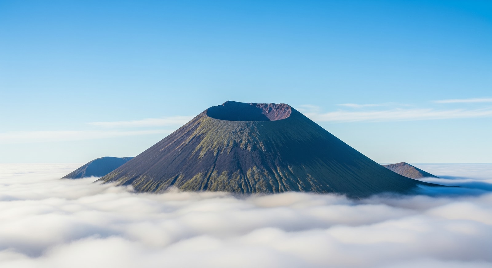 Queen Mary's Peak volcanic cone rising dramatically above the clouds on Tristan da Cunha island