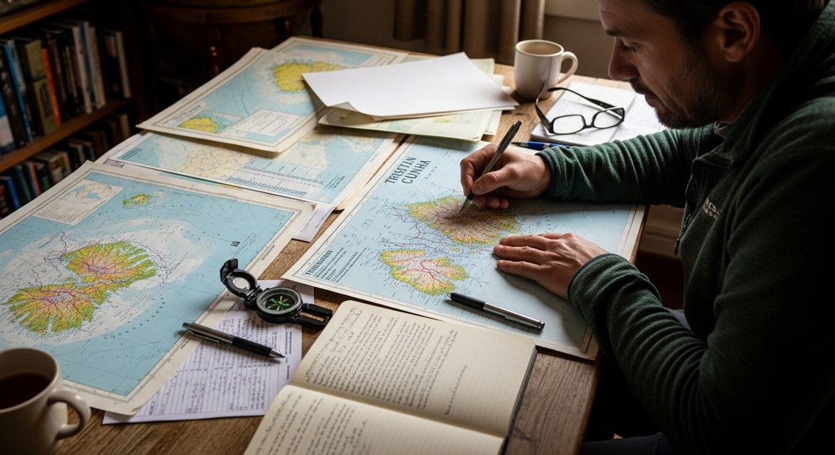 Traveler planning expedition to remote Tristan da Cunha with maps and documents