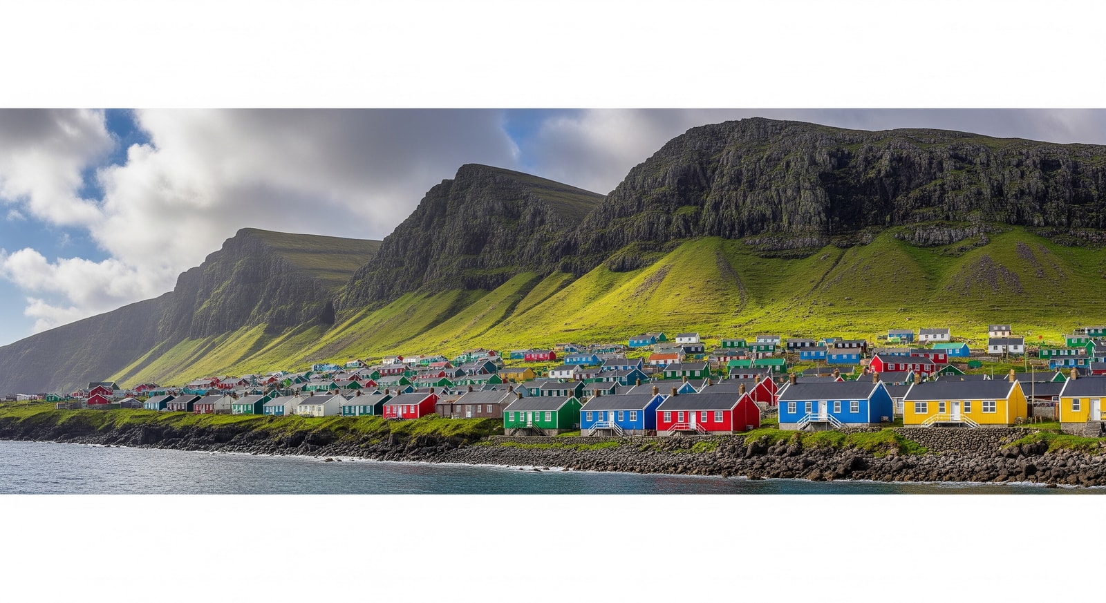 The colorful cottages of Edinburgh of the Seven Seas settlement with dramatic volcanic cliffs rising behind on Tristan da Cunha