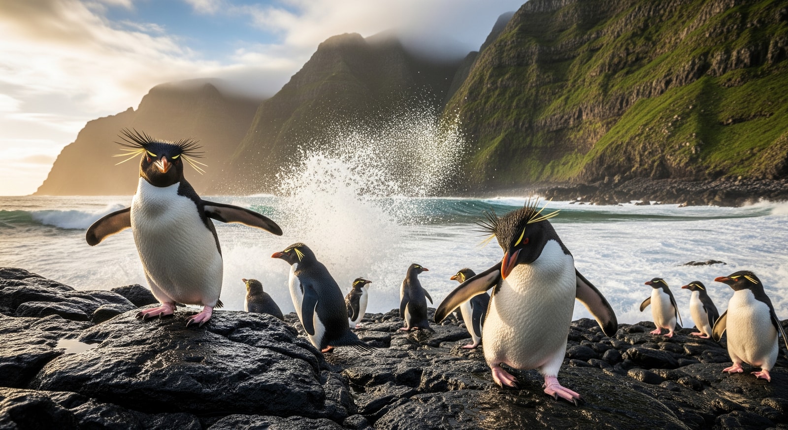 Rockhopper penguins on the volcanic shores of Tristan da Cunha with the island's dramatic cliffs in the background
