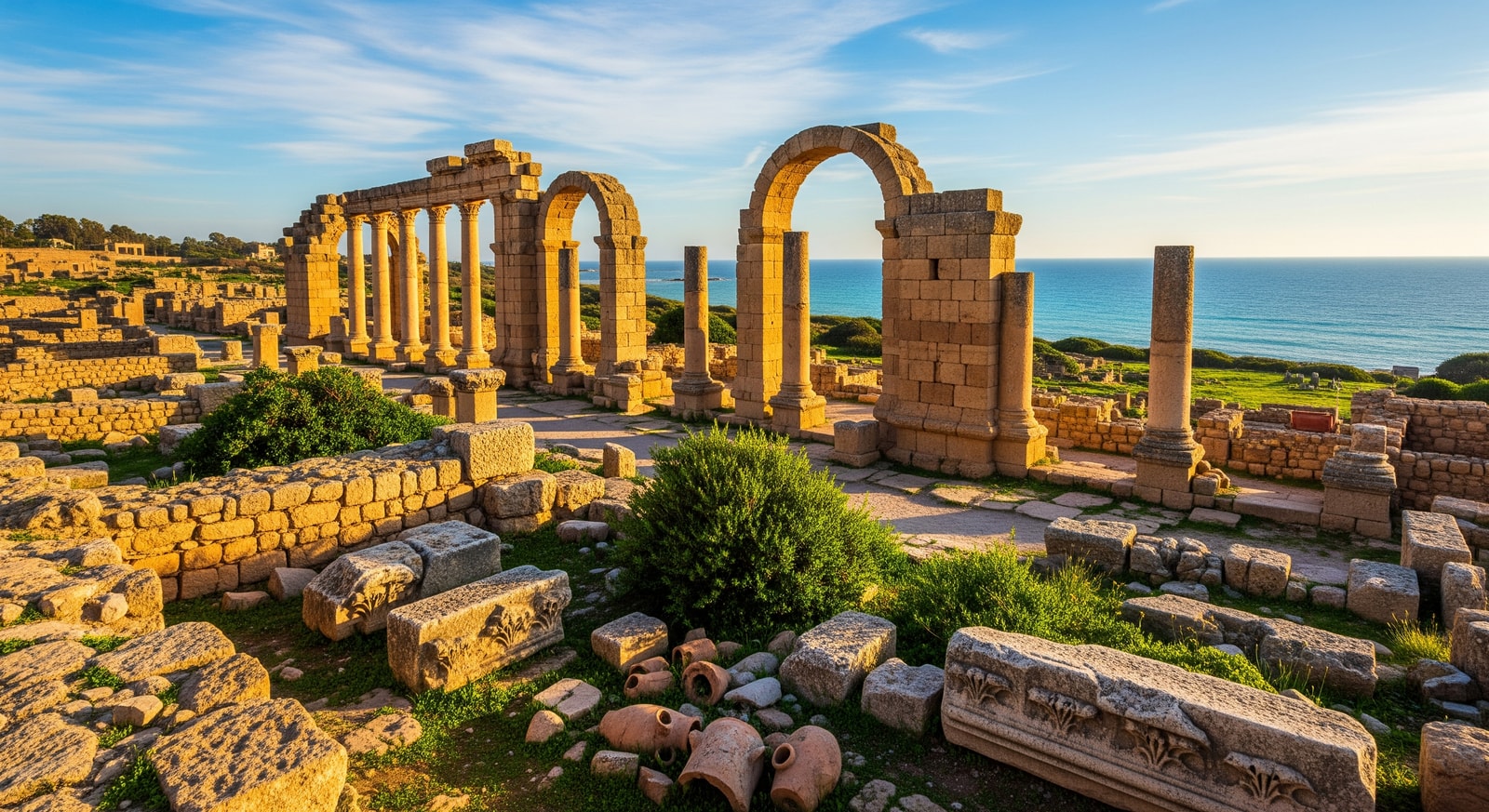 Ancient Roman ruins of Carthage with stone columns and archaeological remains overlooking the Mediterranean