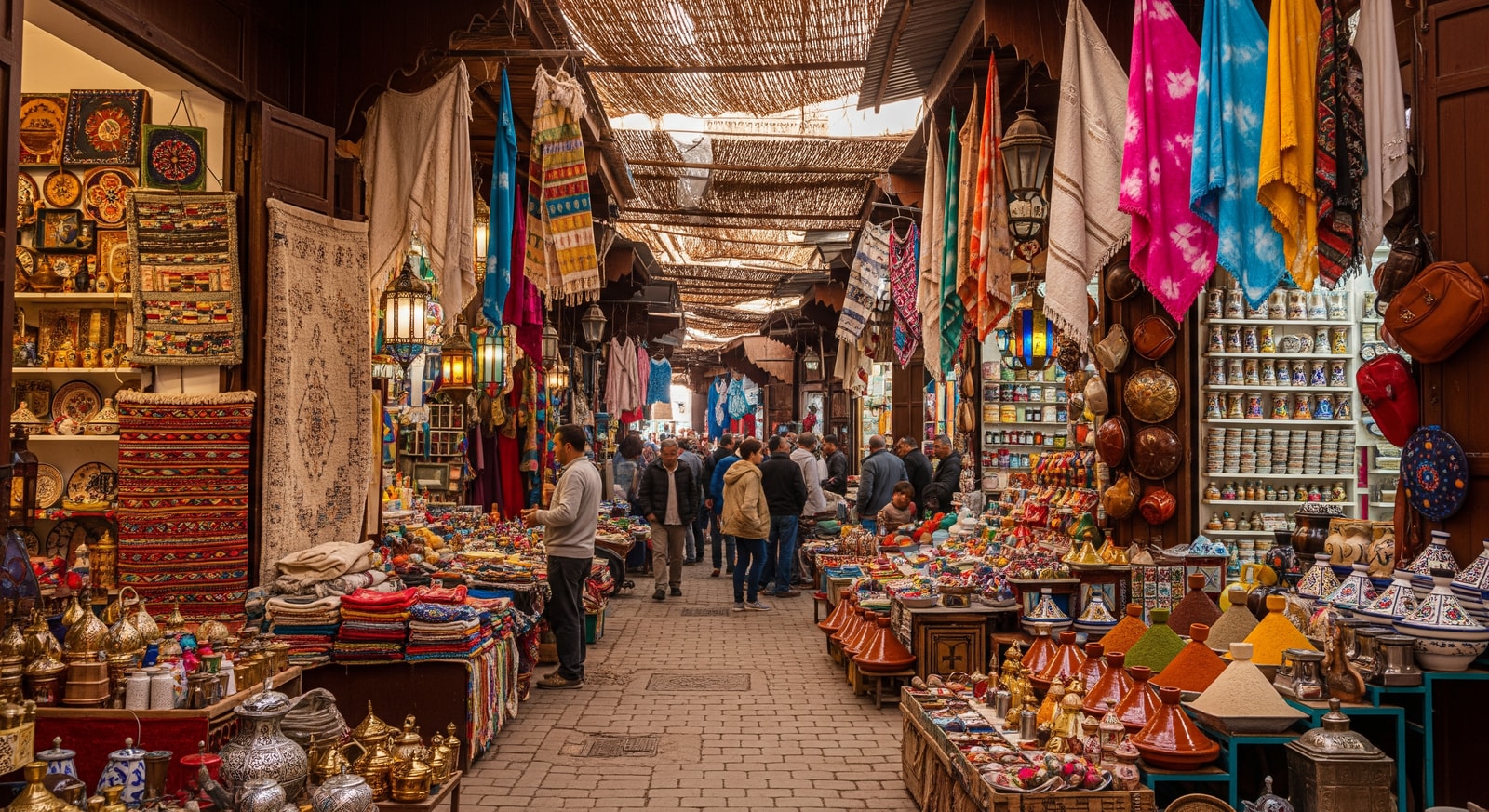 Colorful traditional souks and markets in the Medina of Tunis with artisan crafts and textiles