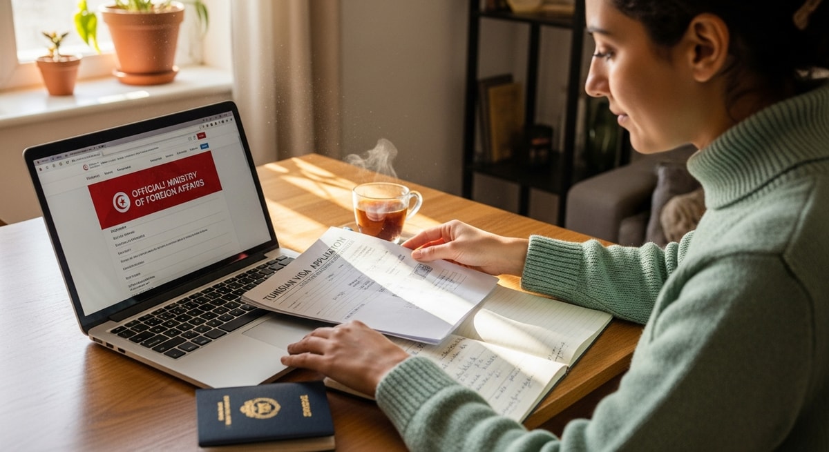Traveler preparing Tunisia visa application documents with laptop and passport