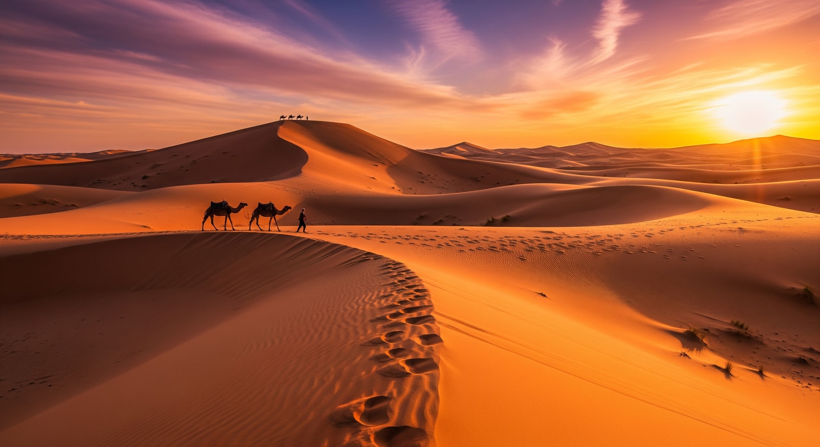 Golden sand dunes of the Tunisian Sahara Desert at sunset with camel silhouettes on the horizon