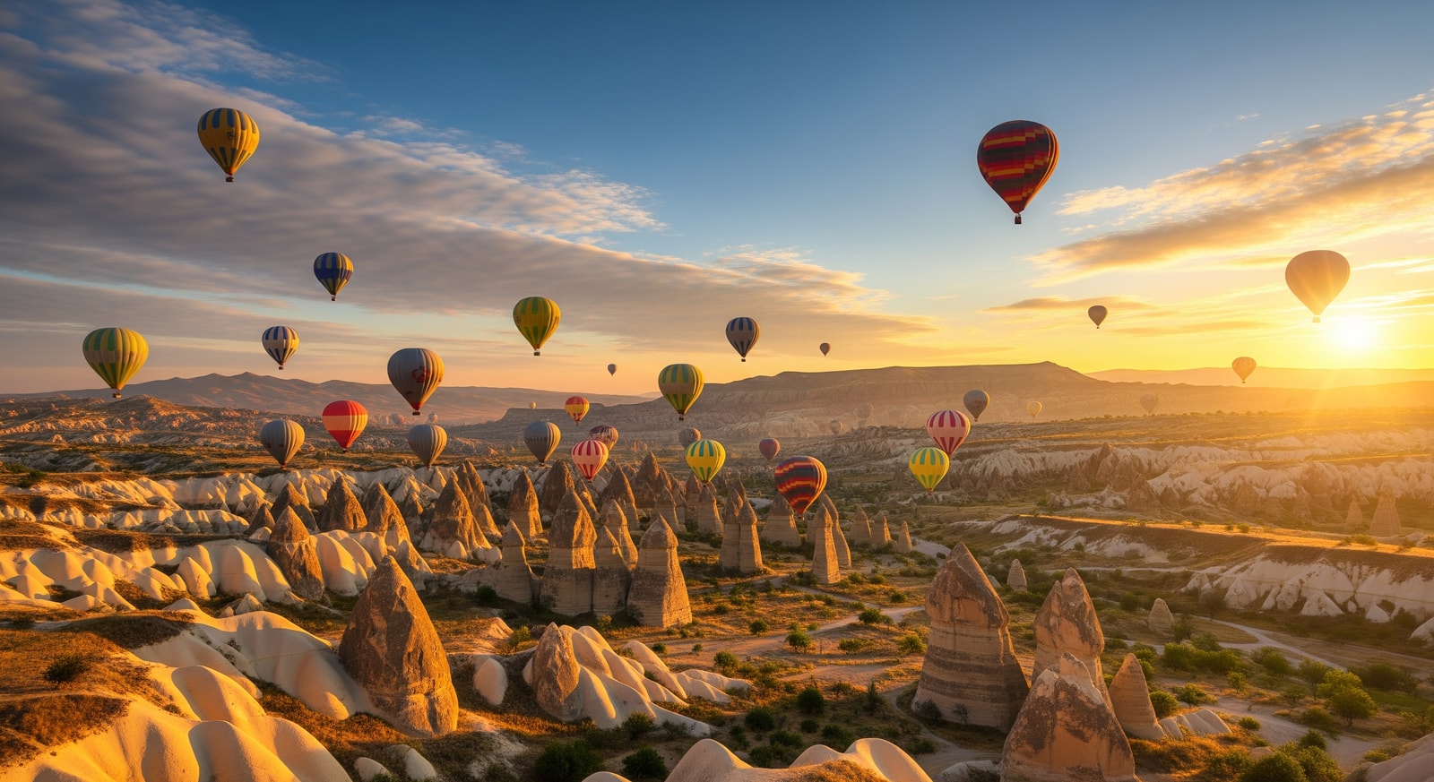 Colorful hot air balloons floating over the fairy chimneys and rock formations of Cappadocia at sunrise