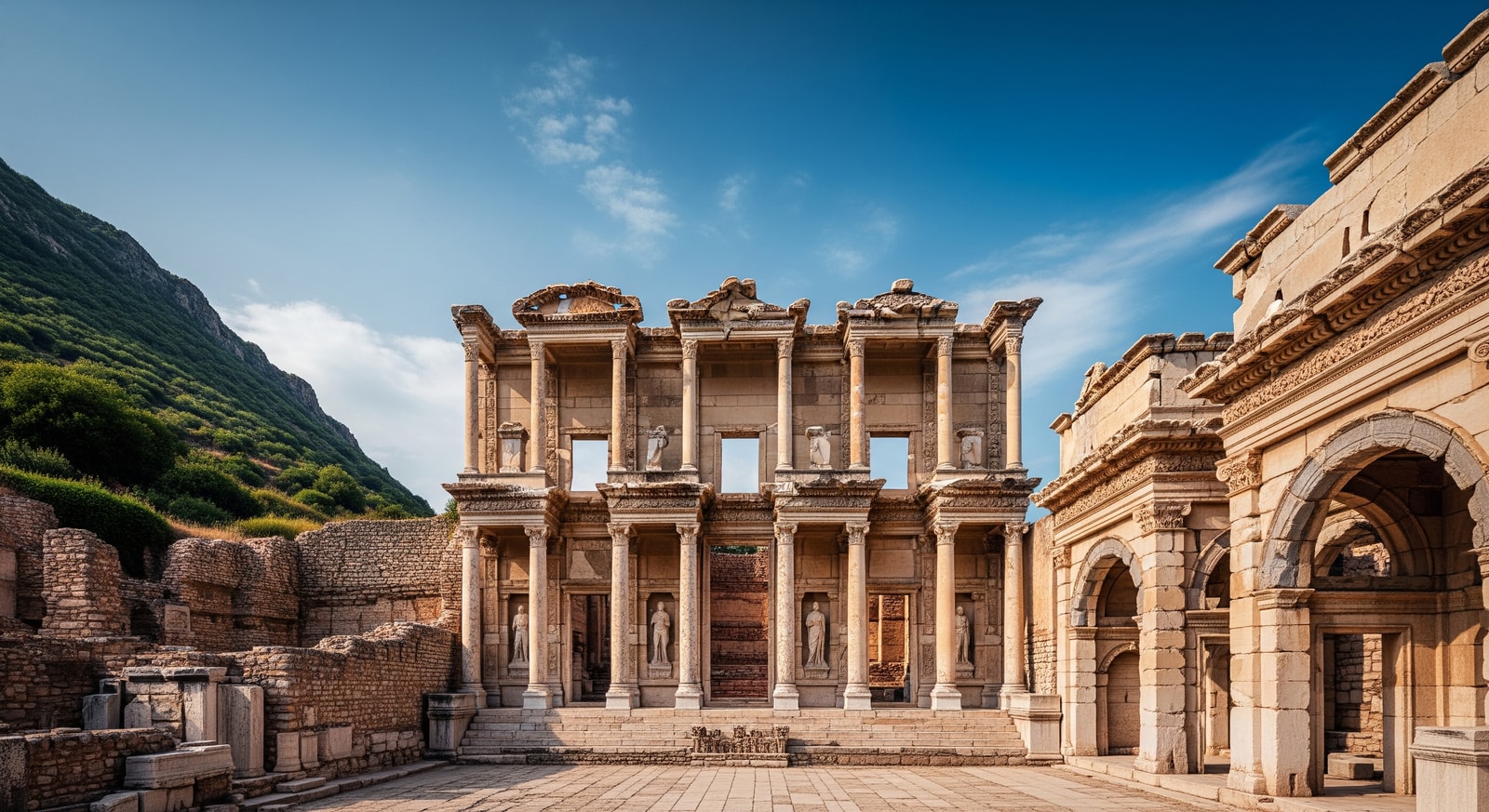 Ancient Library of Celsus at Ephesus with its ornate Roman facade and towering columns