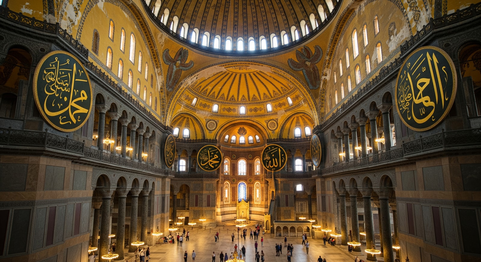 Magnificent interior of Hagia Sophia with its massive dome, Byzantine mosaics, and Islamic calligraphy