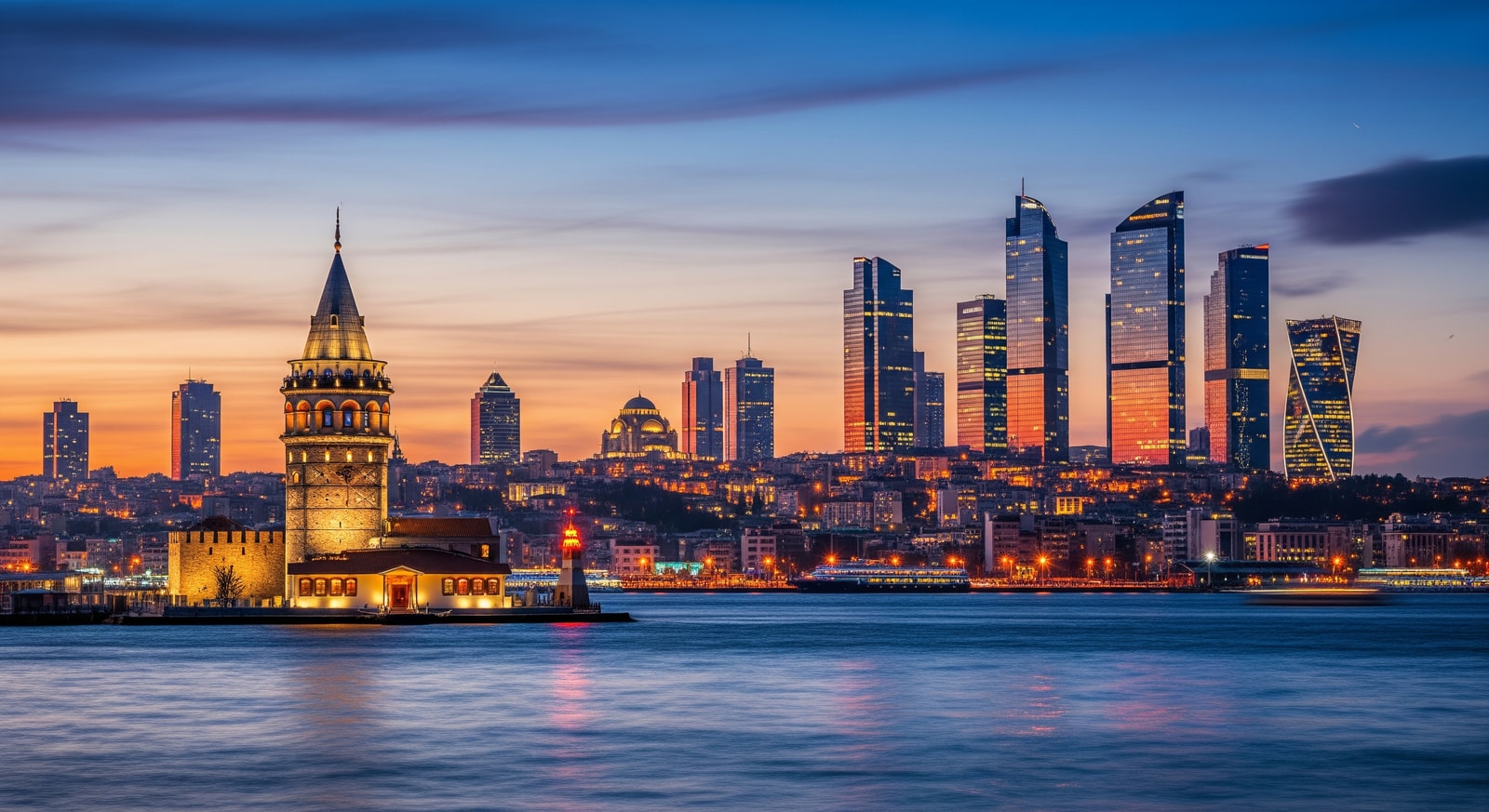 Modern Istanbul skyline with historic Galata Tower and contemporary business district across the Golden Horn
