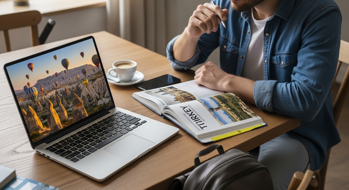 Traveler planning Turkey trip with laptop showing hot air balloons over Cappadocia