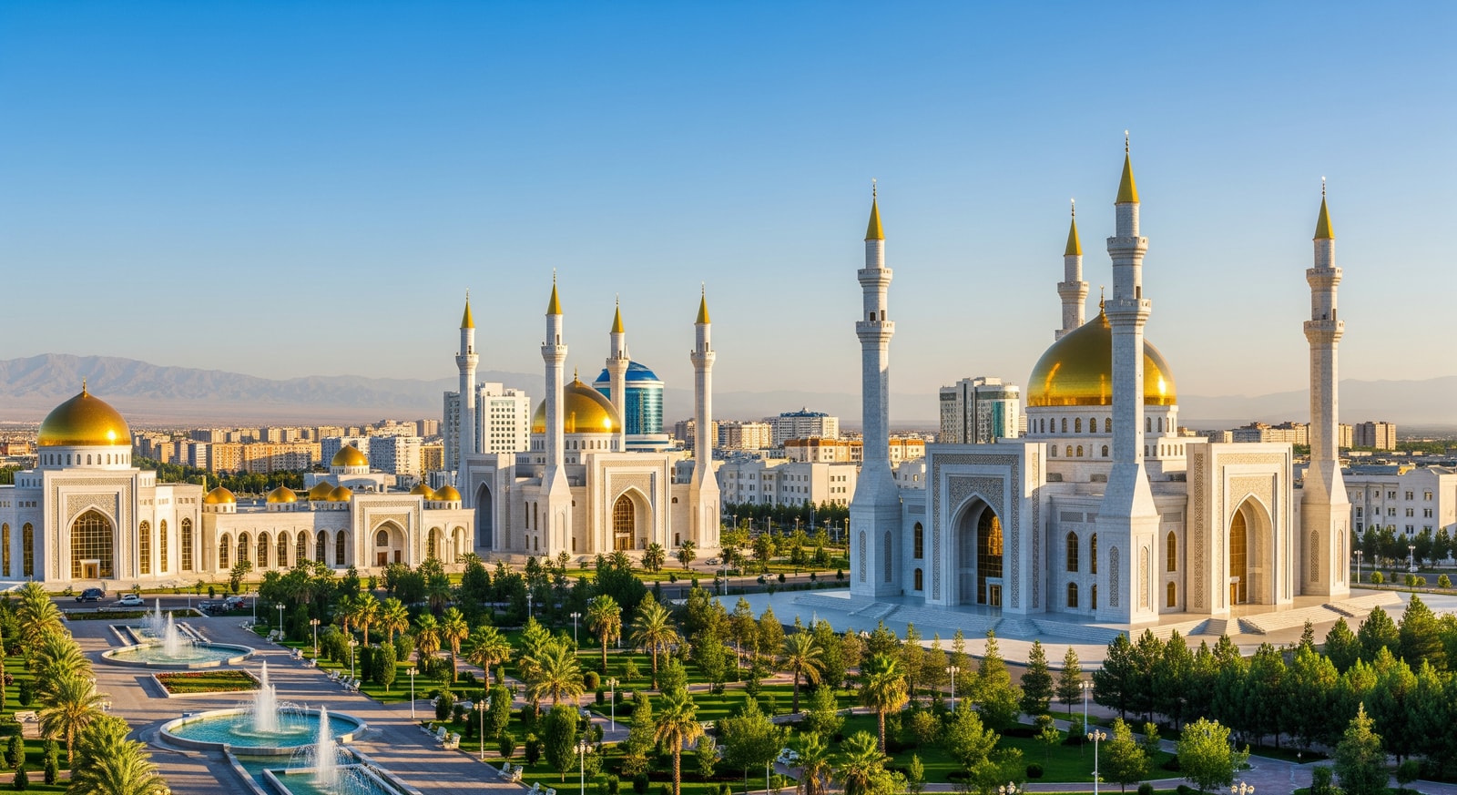 The white marble buildings of Ashgabat city center with golden domes gleaming in the sunlight