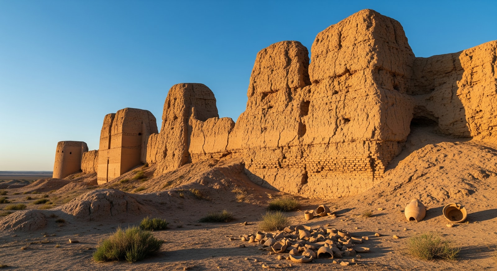 Ancient ruins of Merv archaeological site with crumbling fortress walls against a blue desert sky