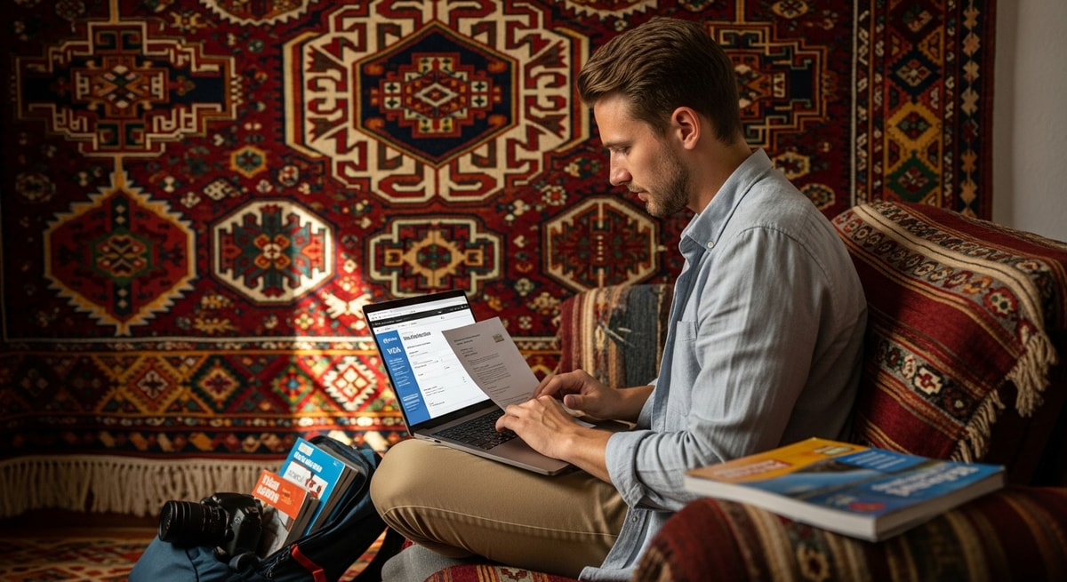 Traveler reviewing Turkmenistan visa application documents on laptop with traditional Turkmen carpet in background