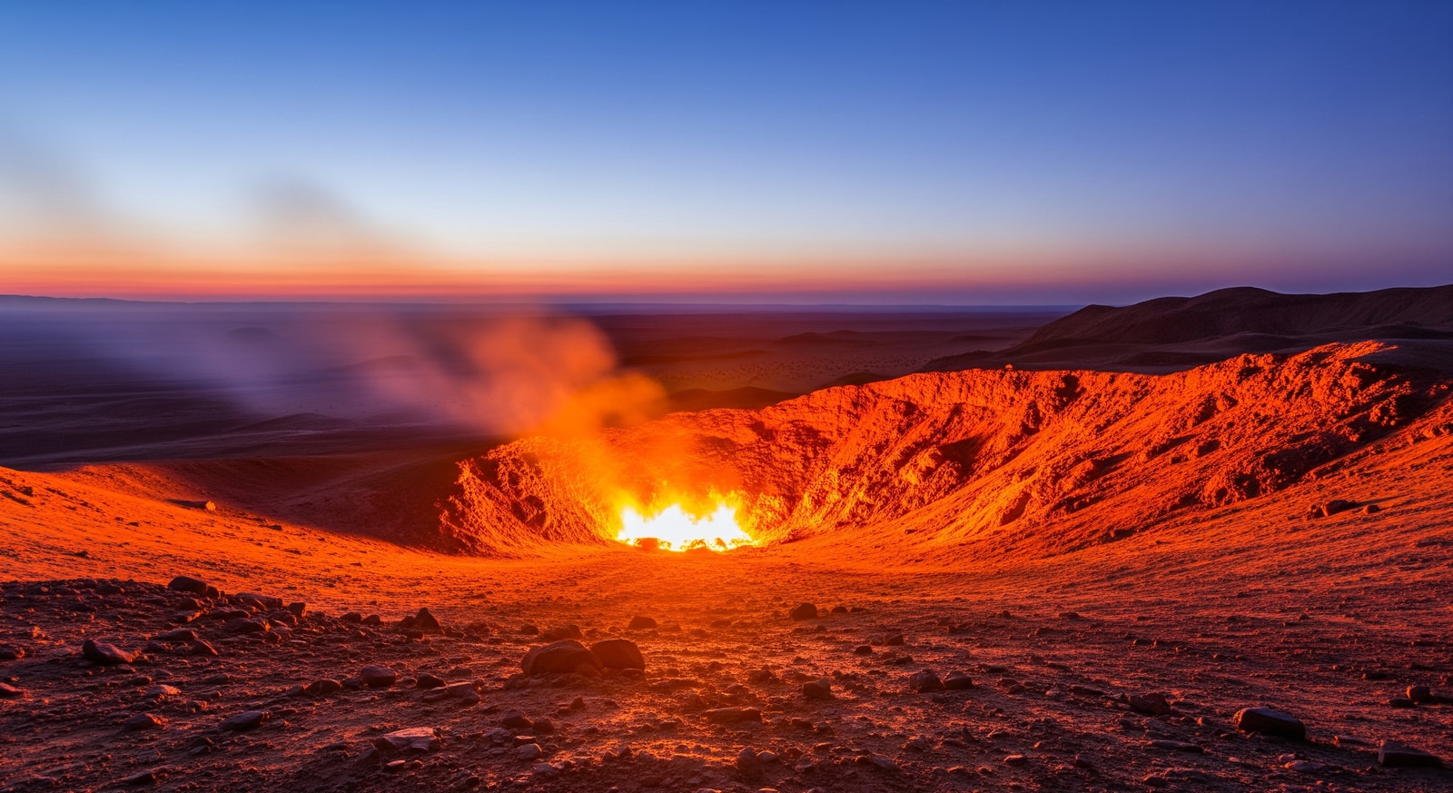 The flaming Darvaza Gas Crater at dusk with orange flames illuminating the desert darkness