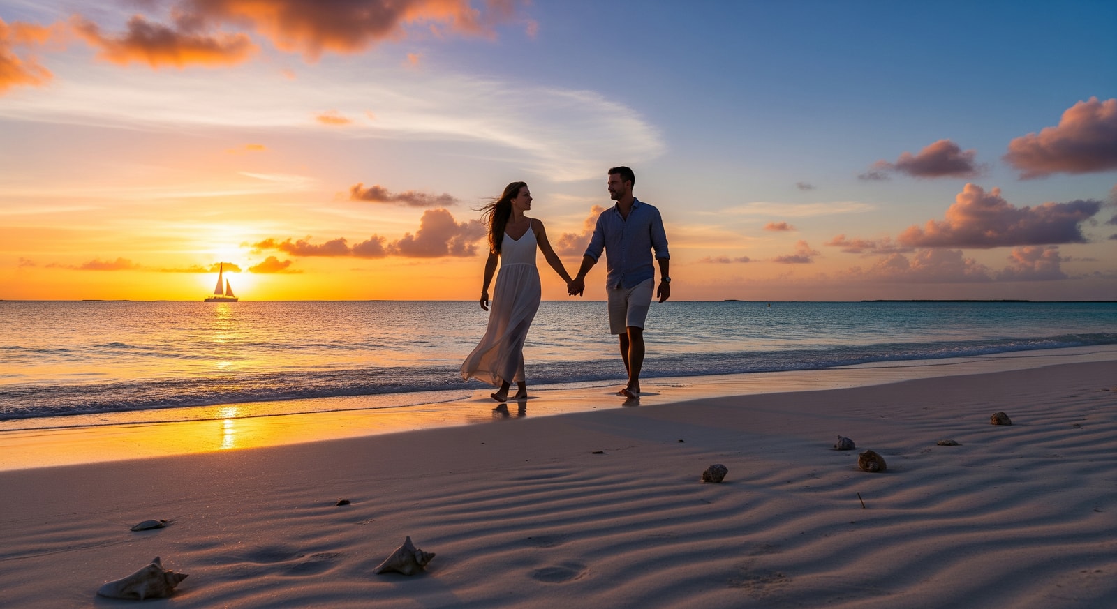 Couple walking along pristine white sand beach with turquoise Caribbean waters at sunset in Turks and Caicos
