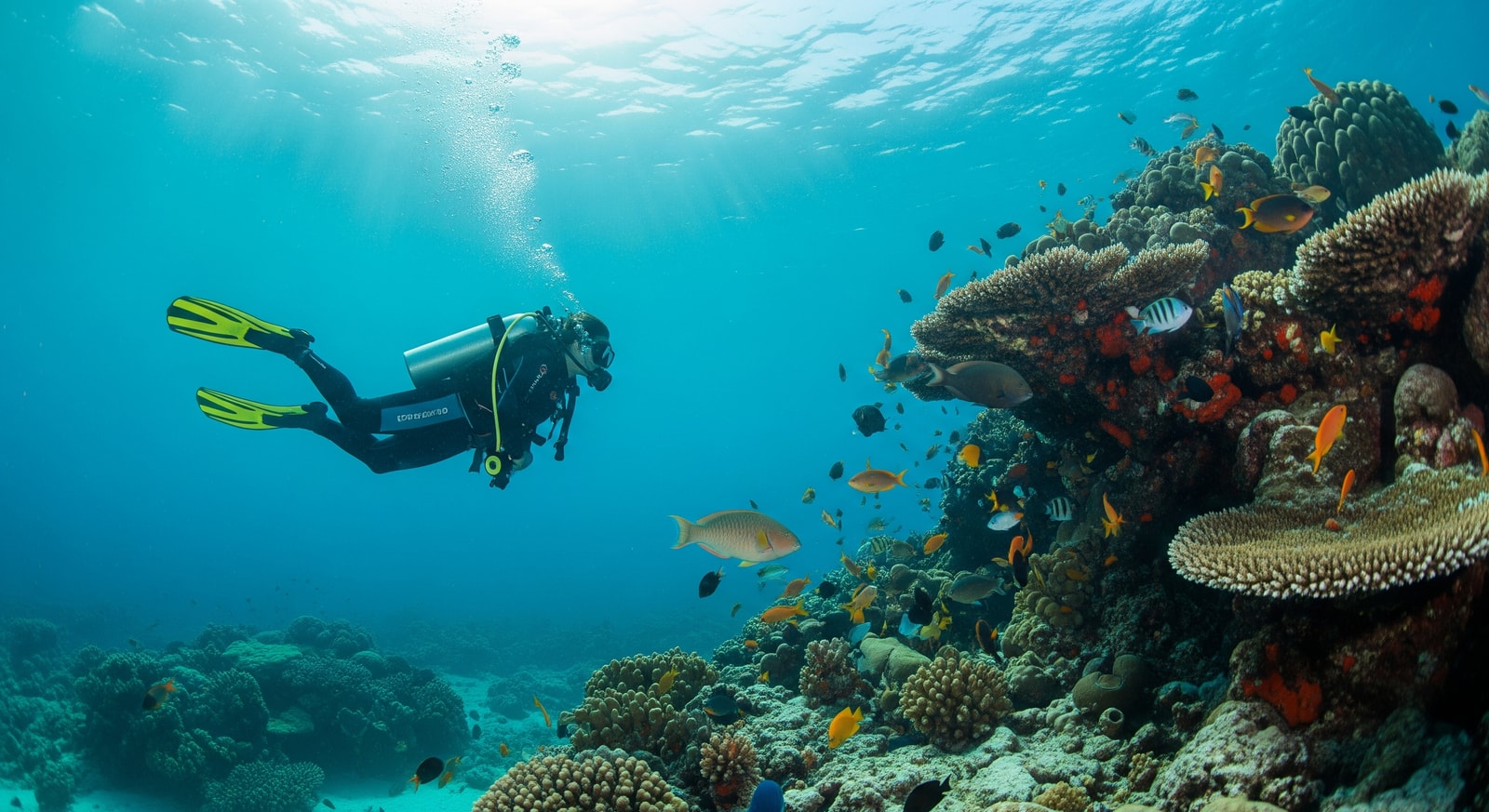 Scuba diver exploring coral reef with colorful tropical fish in the crystal clear waters of Turks and Caicos