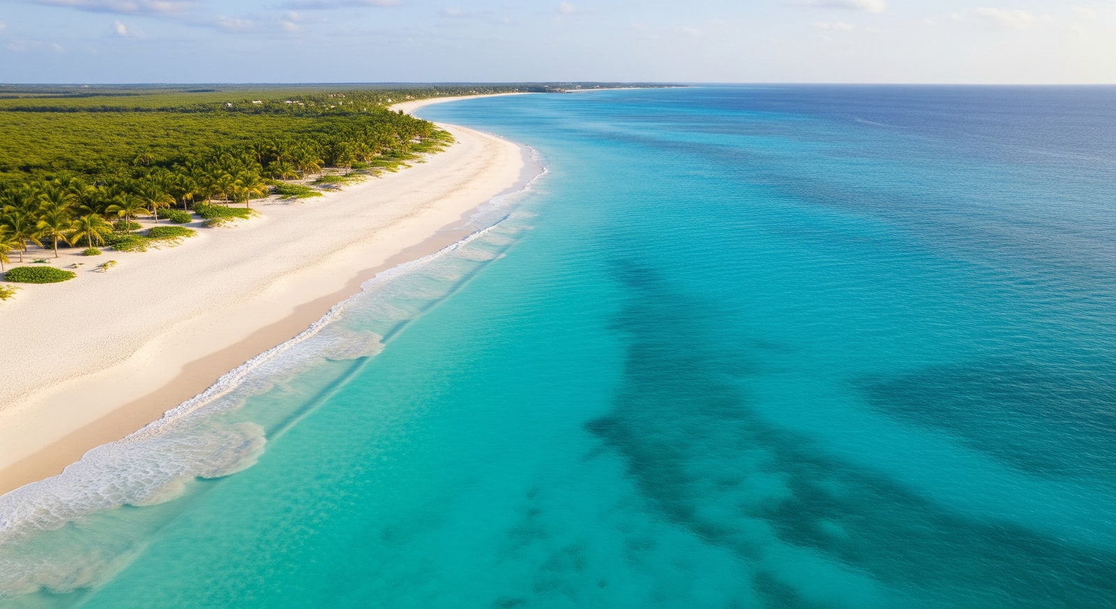 Aerial view of Grace Bay Beach showing pristine white sand and crystal clear turquoise waters in Providenciales