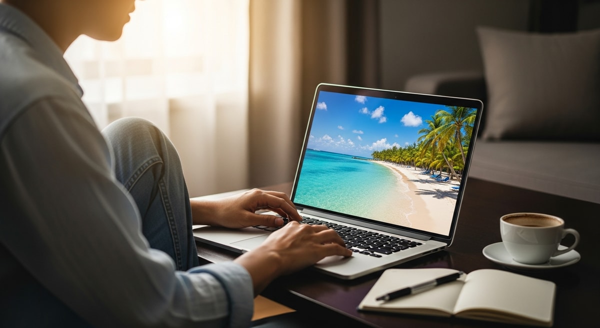 Traveler planning Caribbean vacation with laptop showing turquoise beach scenery