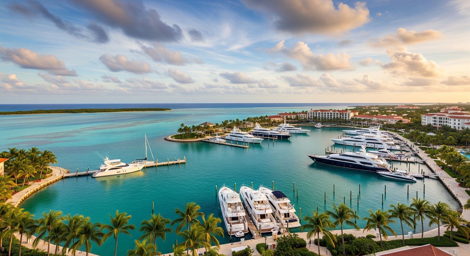Luxury resort and marina on Providenciales Island with yachts and palm trees in the Turks and Caicos Islands