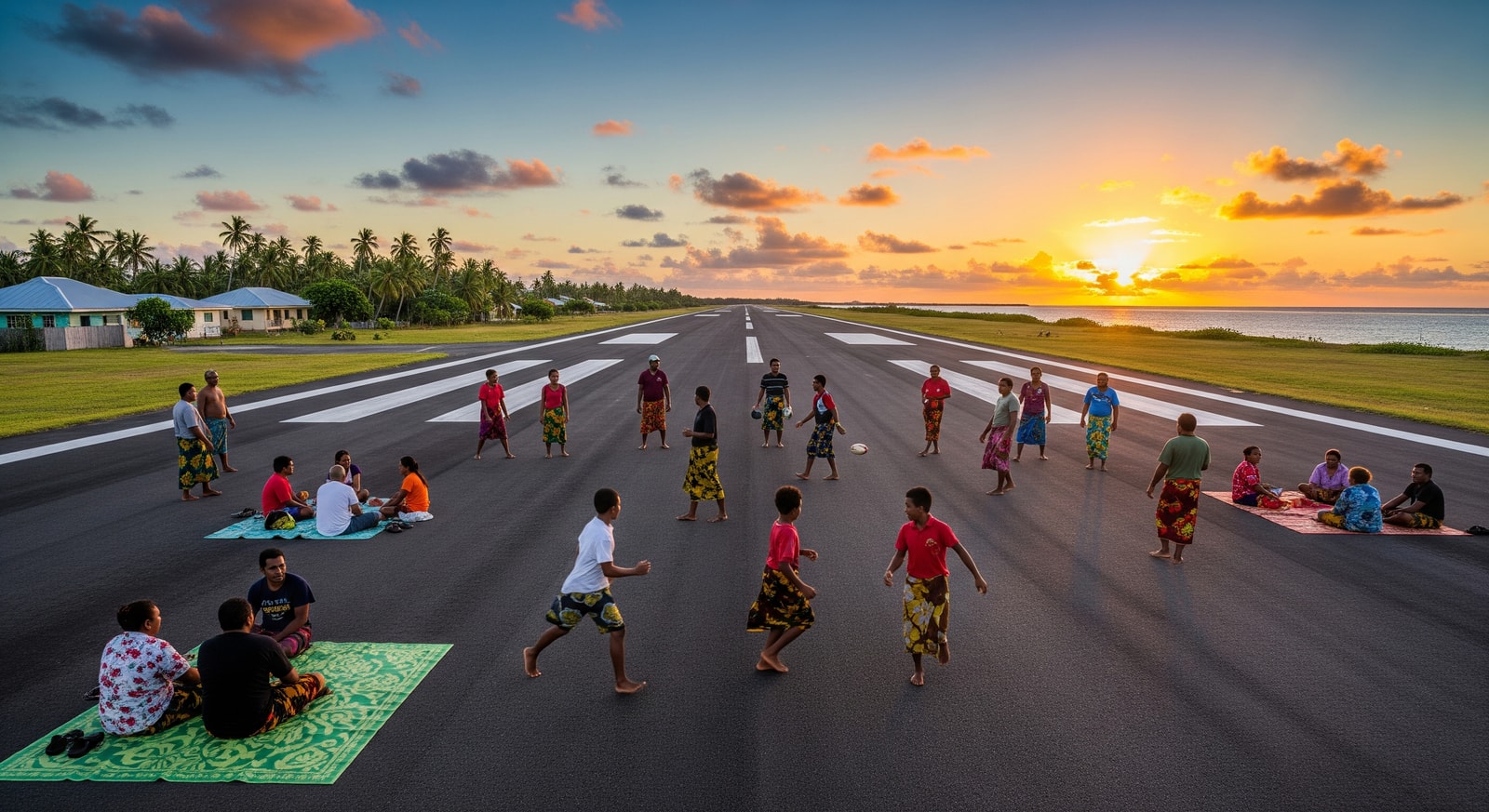 Funafuti International Airport runway doubling as community gathering space with local residents