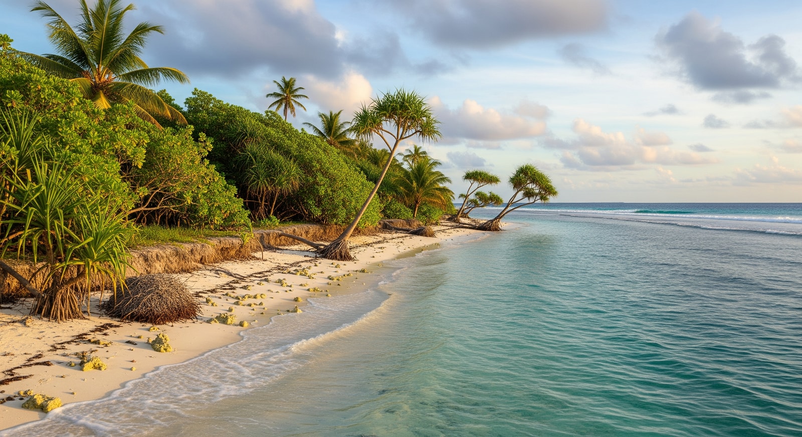Narrow coastline of Tuvalu atoll showing the vulnerability to rising sea levels