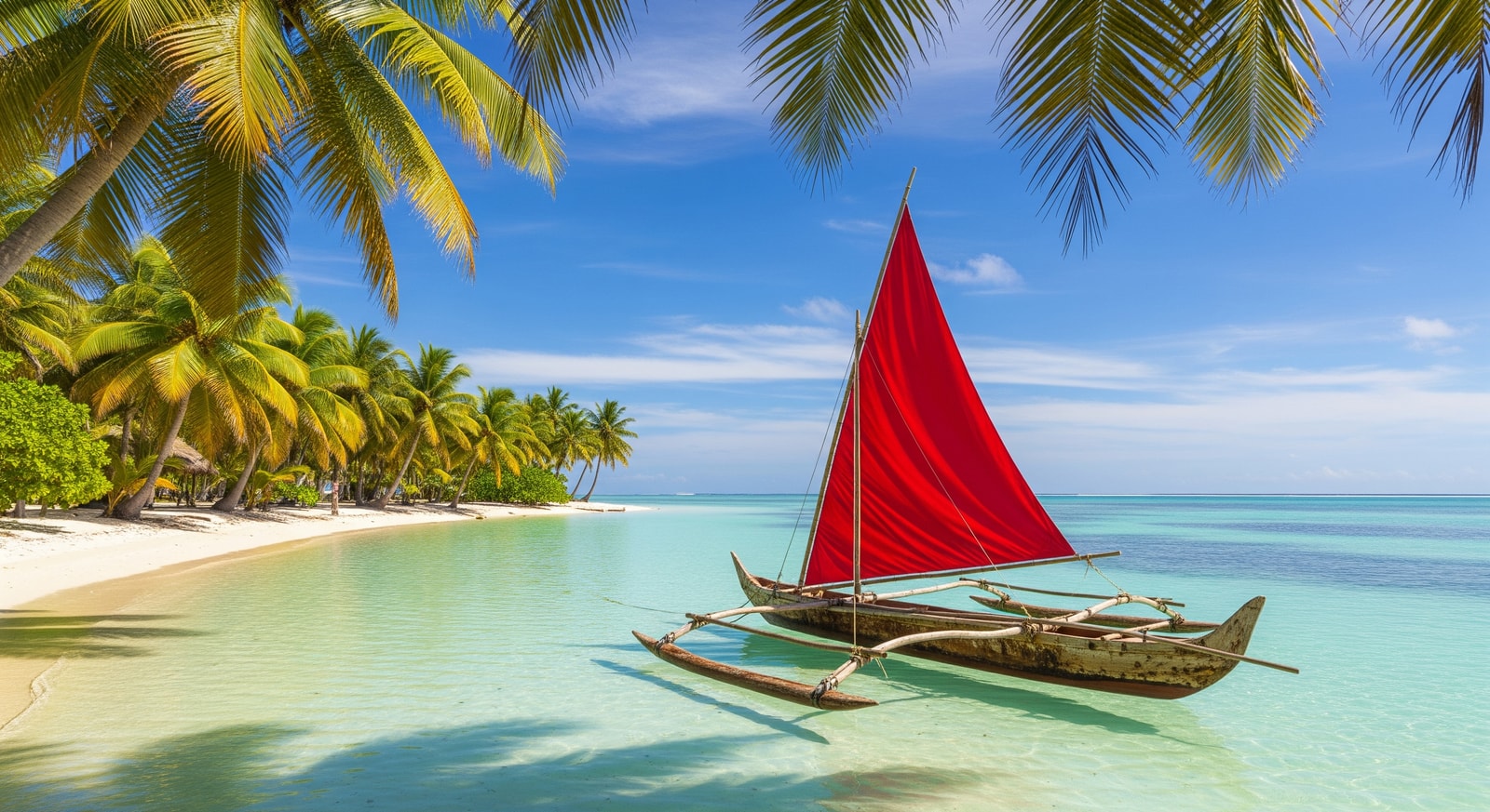 Crystal clear turquoise waters of Funafuti lagoon with traditional outrigger canoe and palm trees