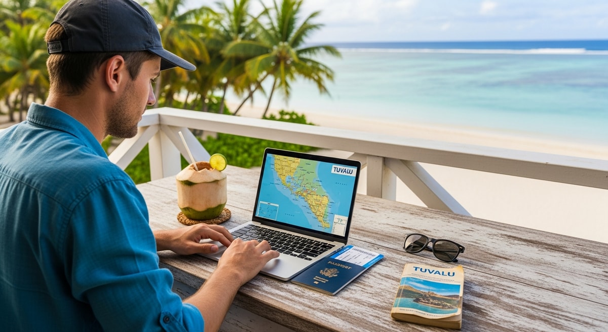Traveler planning trip to Tuvalu with passport and laptop on tropical desk