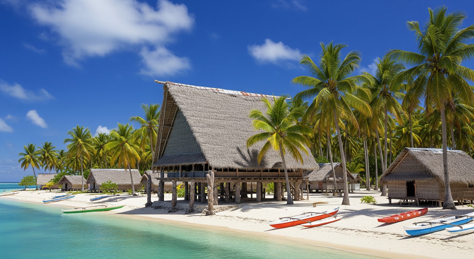 Traditional Tuvaluan village with maneapa meeting house and palm trees on Funafuti atoll